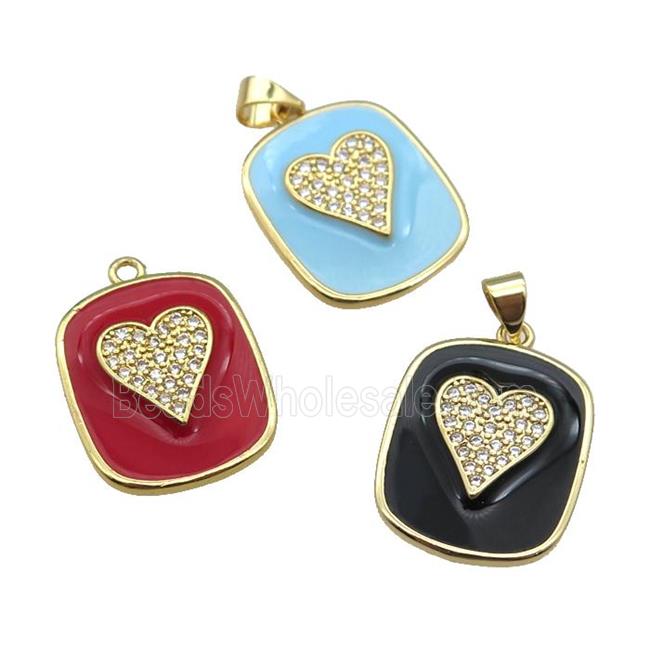 copper Rectangle paved zircon with enamel, heart, gold plated, mixed