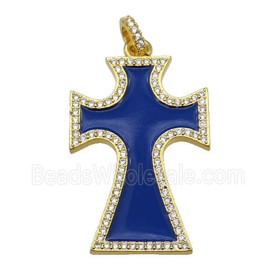 copper Cross pendant paved zircon with blue enamel, gold plated