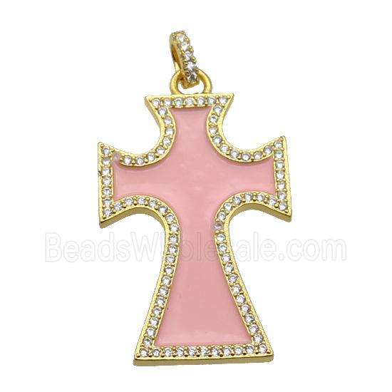copper Cross pendant paved zircon with pink enamel, gold plated