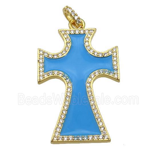 copper Cross pendant paved zircon with lt.blue enamel, gold plated