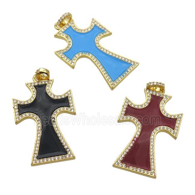 copper Cross pendant paved zircon with enamel, gold plated, mixed