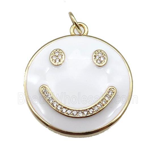 copper Emoji pendant paved zircon with white enamel, happiness face, gold plated