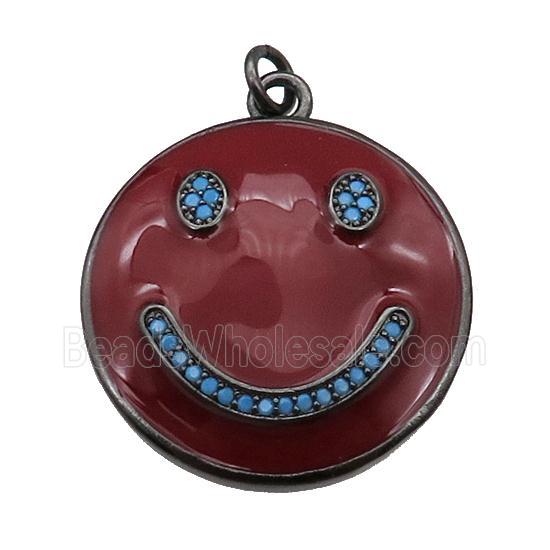 copper Emoji pendant paved zircon with red enamel, happiness face, black plated