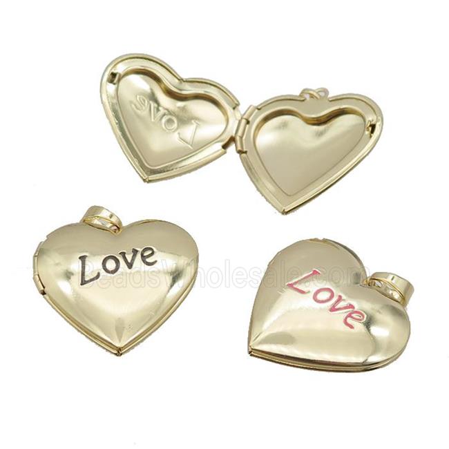 copper Heart Locket pendant with enamel, LOVE, gold plated, mixed