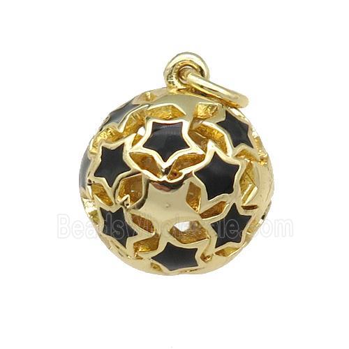 copper Ball pendant with black enamel star, hollow, gold plated