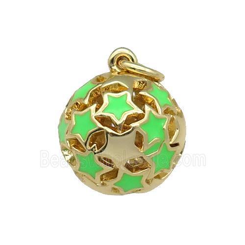 copper Ball pendant with green enamel star, hollow, gold plated