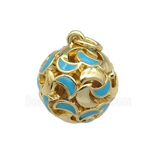 copper Ball pendant with teal enamel moon, hollow, gold plated