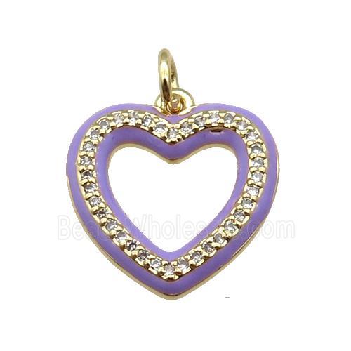 copper Heart pendant paved zircon with lavender enamel, gold plated