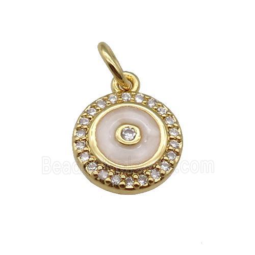 copper Circle pendant paved zircon with white enamel, gold plated