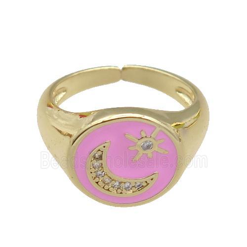 copper Rings paved zircon with pink enamel, moonstar, gold plated