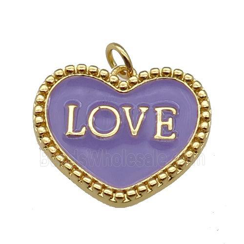 copper Heart pendant with lavender enamel, LOVE, gold plated