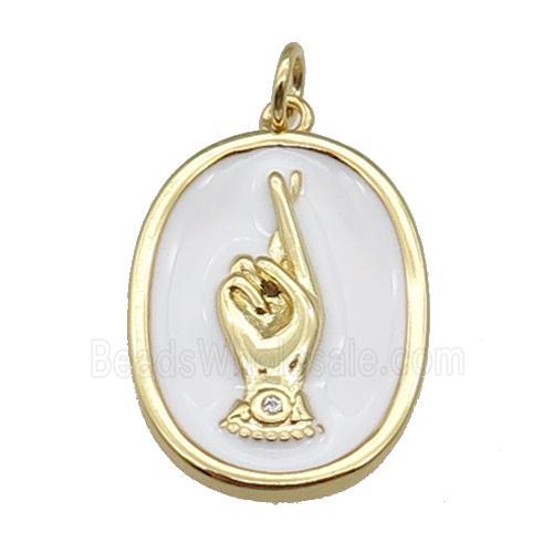 copper oval pendant with white enamel, hand, gold plated