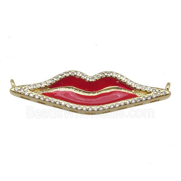 copper Lip charm pendant paved zircon, red enamel, gold plated