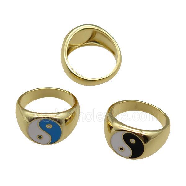 copper Ring with enamel Taichi, yinyang, gold plated