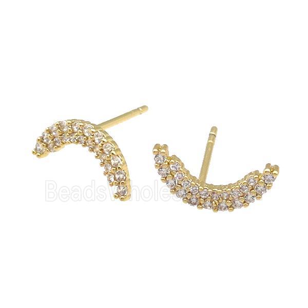 copper Stud Earring paved zircon, moon, gold plated