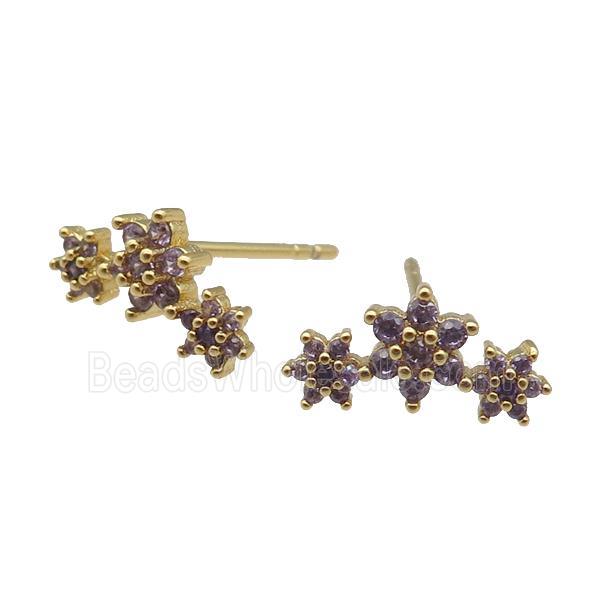 copper Stud Earring paved zircon, flower, gold plated