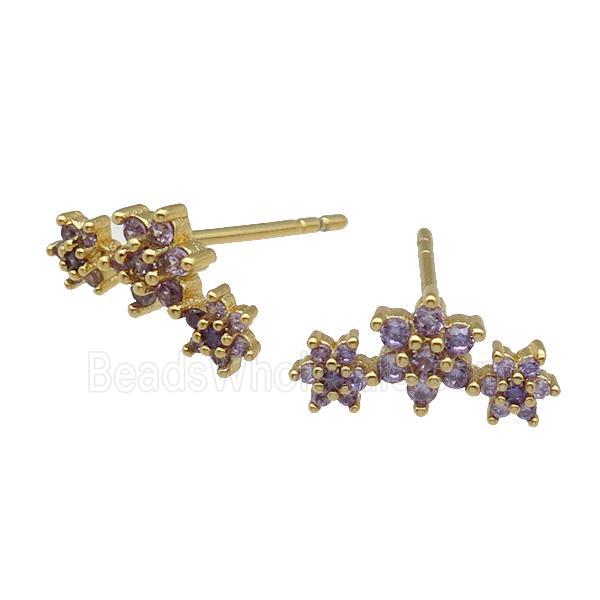 copper Stud Earring paved purple zircon, flower, gold plated