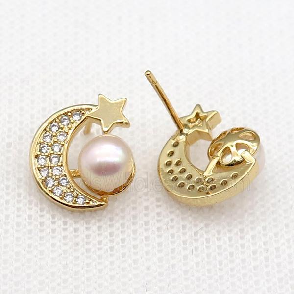 copper moon Stud Earring paved zircon with pearlized shell, gold plated