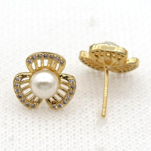 copper flower Stud Earring paved zircon with pearlized shell, gold plated