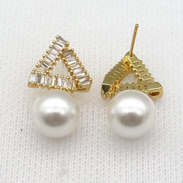 copper Triangle Stud Earring paved zircon with pearlized shell, gold plated