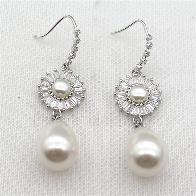 copper Hook Earring paved zircon with pearlized shell, flower, platinum plated