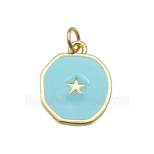 copper circle pendant with teal enamel, star, gold plated