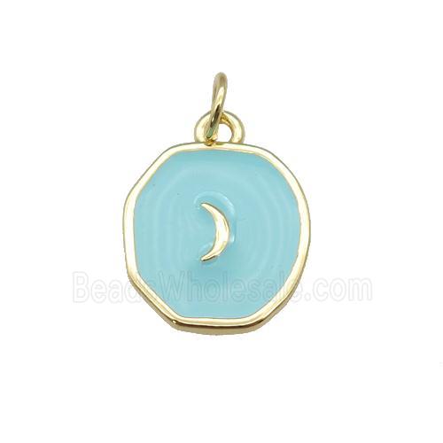 copper circle pendant with teal enamel, moon, gold plated