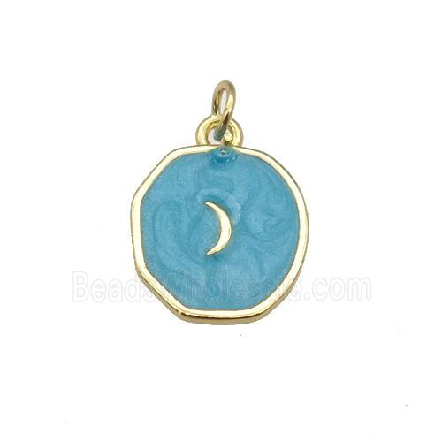 copper circle pendant with deepgreen enamel, moon, gold plated