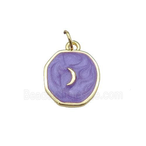 copper circle pendant with purple enamel, moon, gold plated