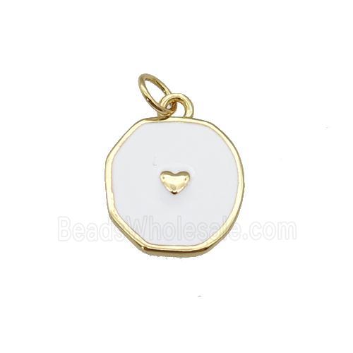 copper circle pendant with white enamel, heart, gold plated