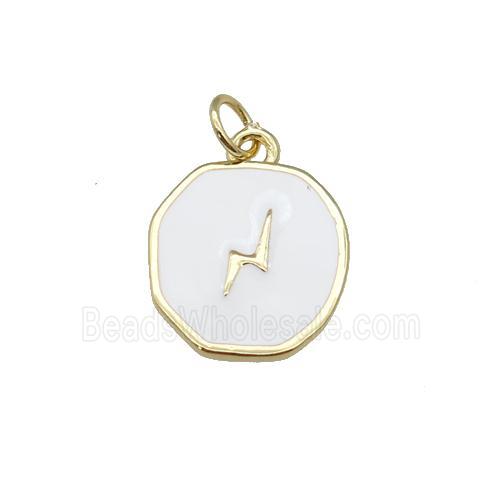 copper circle pendant with white enamel, lightning, gold plated