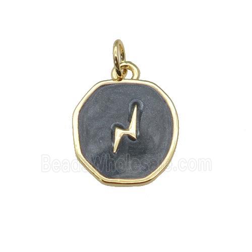 copper circle pendant with black enamel, lightning, gold plated