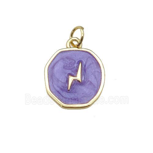 copper circle pendant with purple enamel, lightning, gold plated