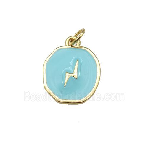 copper circle pendant with teal enamel, lightning, gold plated