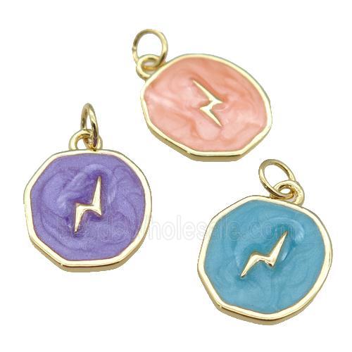 copper circle pendant with enamel, lightning, gold plated, mixed