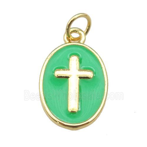 copper oval pendant with green enamel, cross, gold plated