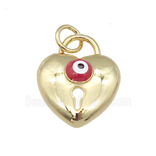 copper Heart pendant with red enamel Evil Eye, gold plated
