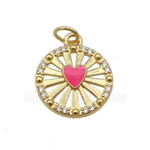 copper circle pendant paved zircon with hotpink enamel heart, gold plated
