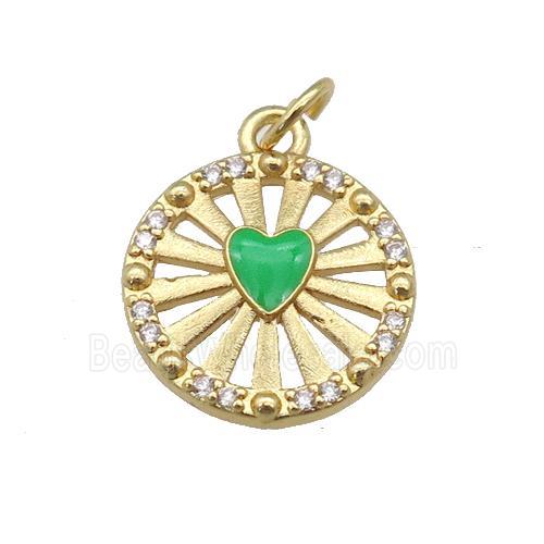 copper circle pendant paved zircon with green enamel heart, gold plated