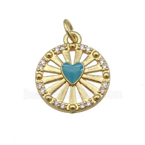 copper circle pendant paved zircon with teal enamel heart, gold plated