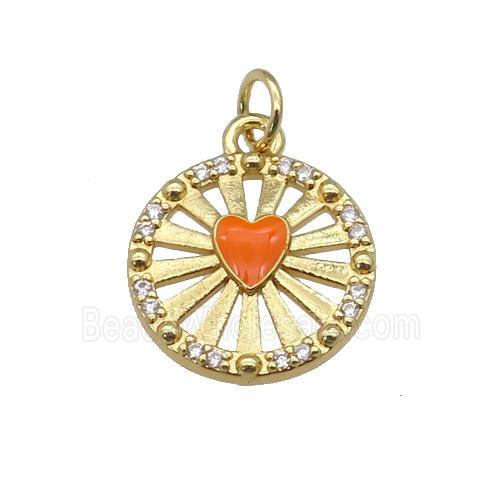 copper circle pendant paved zircon with orange enamel heart, gold plated