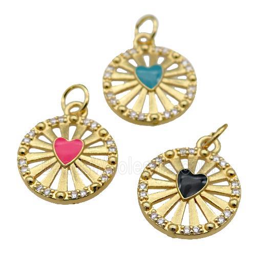 copper circle pendant paved zircon with enamel heart, gold plated, mixed