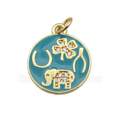 copper circle pendant paved zircon with teal enamel, elephant, clover, gold plated