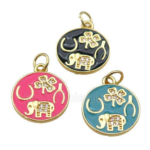 copper circle pendant paved zircon with enamel, elephant, clover, gold plated, mixed