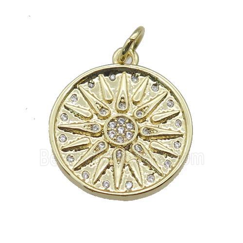 copper circle pendant paved zircon, sun, gold plated