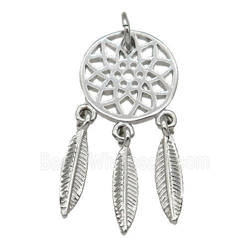 copper Dream Catcher pendant, feathers, platinum plated