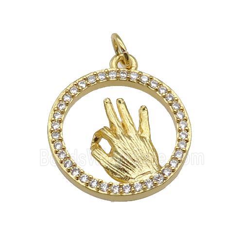 copper circle pendant paved zircon, hand gesture, gold plated