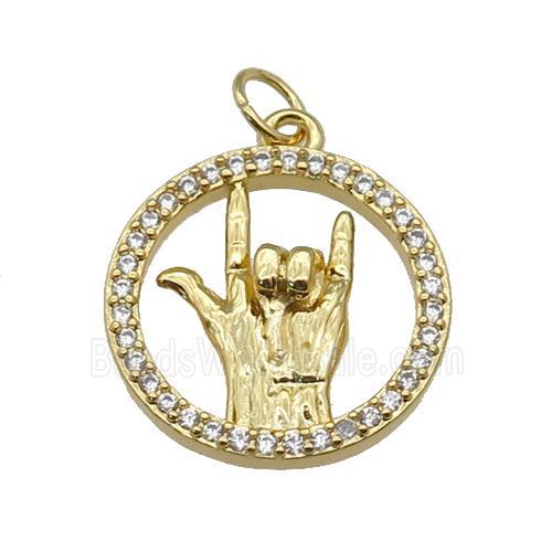 copper circle pendant paved zircon, hand gesture, gold plated