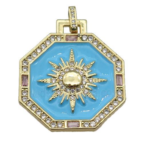 copper Hexagon pendant paved zircon, blue enamel, gold plated