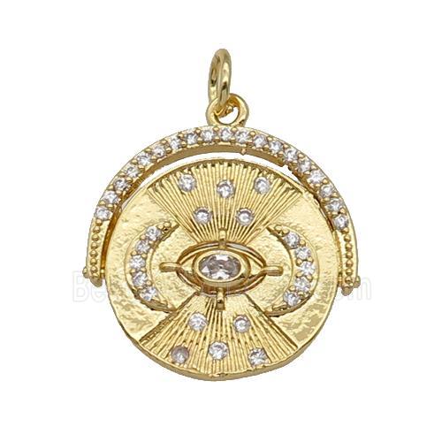 copper circle pendant paved zircon, moon, gold plated